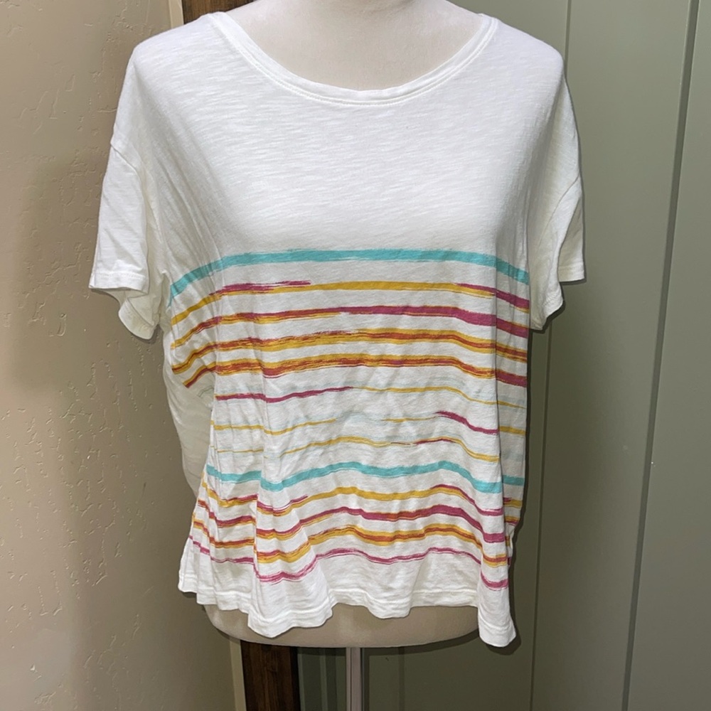Women's PrAna Top T-Shirt Womens‎ Size Large Striped Cotton Blend Casual Earthy